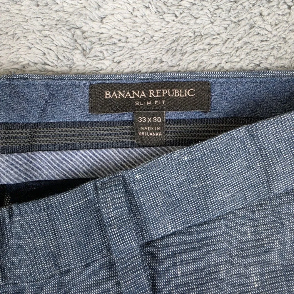 Banana Republic Linen Blend Pants Mens 33x30 Blue Slim Fit Slub Flat Front Chino